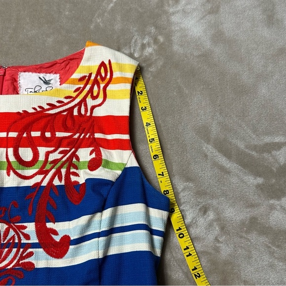 Tabitha Anthropologie Embroideried Design Primary Stripe Shift Dress Size 10 - Picture 7 of 9
